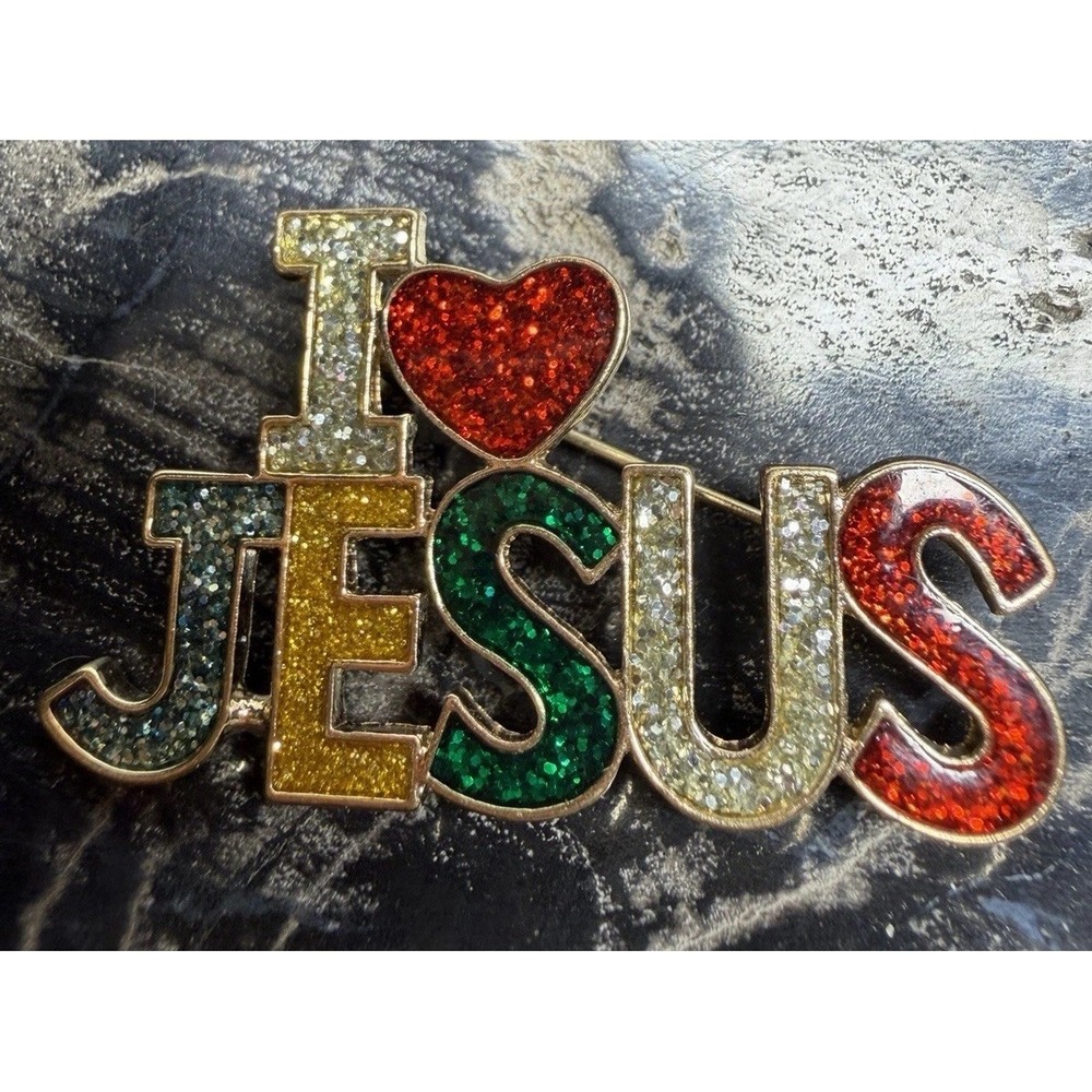 Vintage Gold Tone "I LOVE JESUS" Colorful Sparkly Brooch